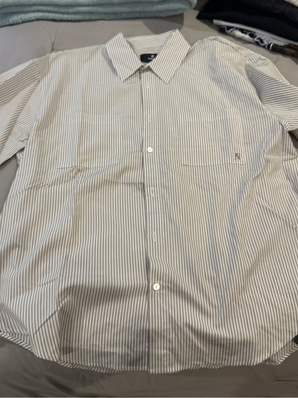 Men's White and Light Gray Striped Button-Down Shirt - R Brand